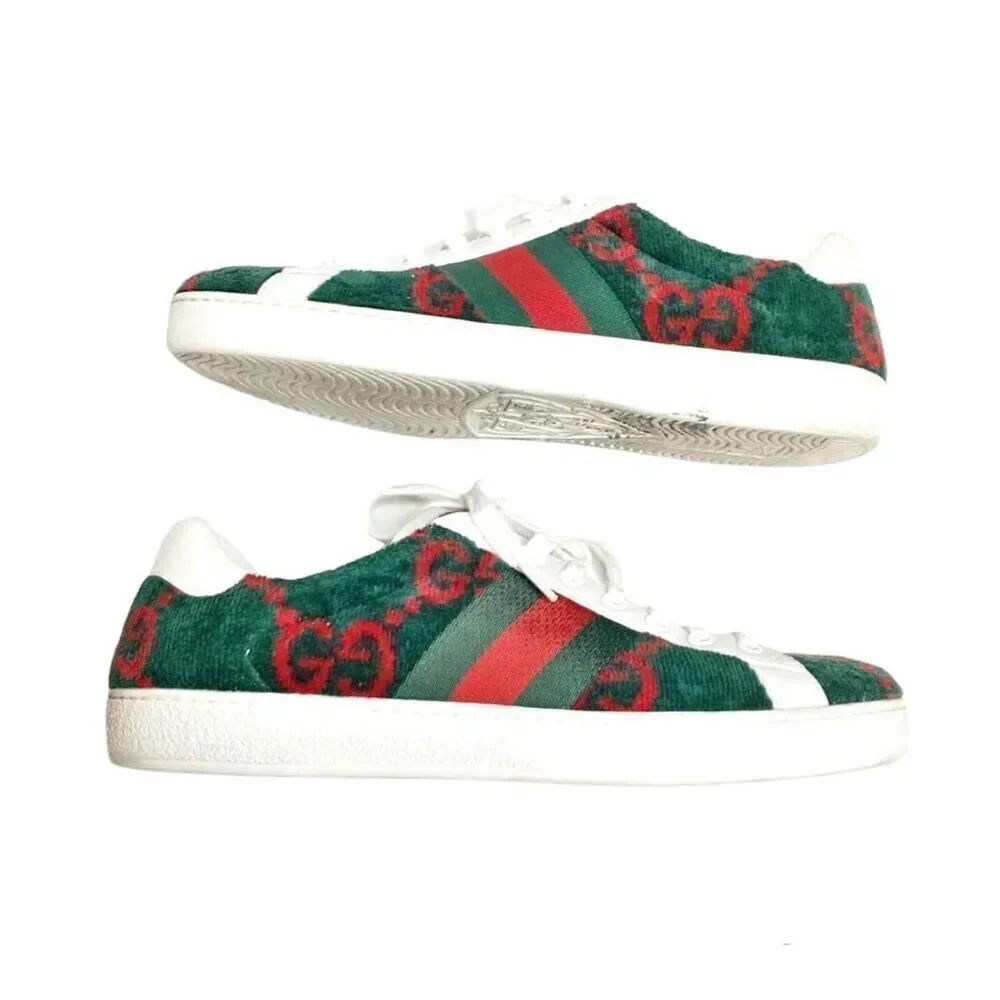 Gucci Ace GG Logo Terry Cloth Green Red Velvet Men’s Sneakers Size Gucci Size 8 - Picture 4 of 13